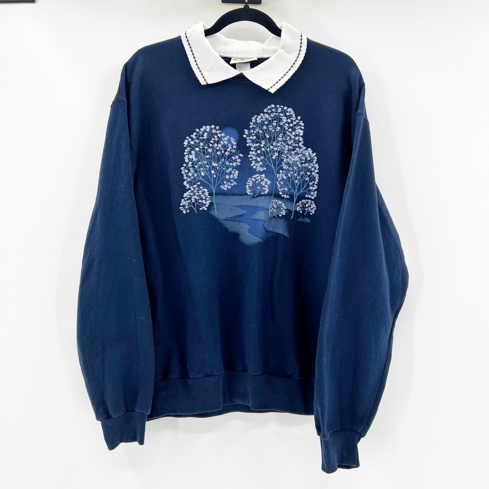 Morning Sun Vintage Navy Blue Landscape Trees‎ Sweatshirt Women's XL
